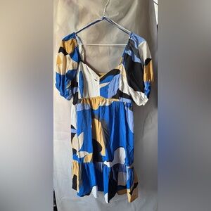 Nine West Blue and Gold Abstract Mini Dress. Size Med.